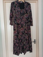 Eastex Dress 16 Purple Black Pink Green Leaf Pattern Belt Lined Dress