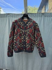 Ewm Vintage Blue Red Floral Chunky Mohair Rich Jacquard Knit Cardigan Size M New