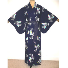 VINTAGE JAPANESE DARK BLUE YUKATA COTTON KIMONO ROBE DRESSING GOWN BUTTERFLIES