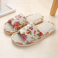 Women Cotton Linen Open Toe Home Slippers Ladies Antislip Flat Indoor Shoes UK