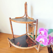 Antique Art Nouveau Small Tiger Bamboo Corner Etagere w/ Mirror & Chinoiserie