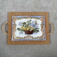 Vintage Hand Painted Ceramic Tile Portugal Trivet W/Cork And Handles 25x19.5 Cm