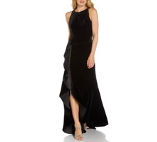 Adrianna Papell Dress Black 6 UK Sleeveless Velvet Cascade Maxi Gown Evening