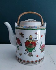 Vintage Chinese White Porcelain Teapot Insects Floral Bambo Handle