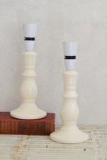 Vintage Cream Ceramic Table Lamps - Damask Fabric Shades - Set of 2