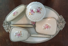 VINTAGE REGENTS LONDON 5 PIECE BRASS DRESSING TABLE SET INCLUDES PORCELAIN POT