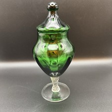 Vintage Empoli Italian Glass Apothecary Bon Bon Jar With Lid Green Twisted Stem