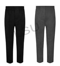 BOYS BLACK SCHOOL TROUSERS ALL AROUND FULL ELASTICATED WAIST PULL UP TROUSERS