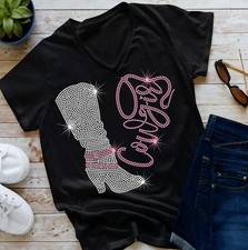 V neck Cowgirls Boots Rhinestone t shirt Line Dancing Ladies all size 8-24