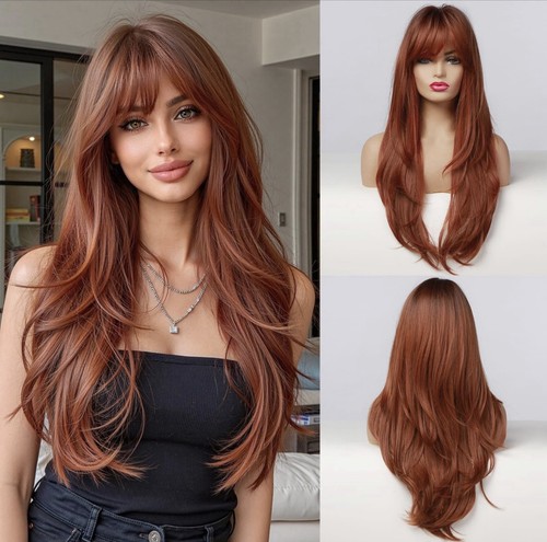 Long auburn wig with bangs - wig,