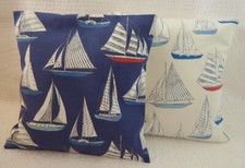 2 Cushion Covers Sailing Boat Yacht Blue Red Cream Seaside Handmade 16 inch 40cm