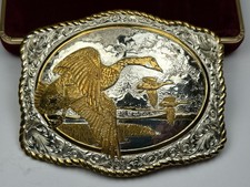 Vtg. Canadian Geese Flying Crumrine Silver Plate Belt Buckle w/ Box Canada Goose