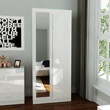 High Gloss 2 Doors Mirror Wardrobe White Bedroom Furniture Storage Hanging Rail