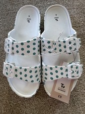 BNWT TU WHITE & TEAL POLKA DOT SLIP ON PLASTIC SLIDER SANDALS WITH BUCKLES SZ 6!