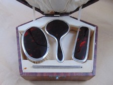 ANTIQUE STERLING SILVER CHILD FAUX TORTOISE SHELL DRESSING TABLE SET 1926, BOXED