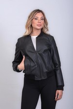 Women black leather bomber - leather,