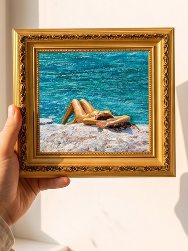 Woman sunbathing rocky oil - sunbathing,