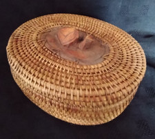Vintage Indonesian Lombok Woven Reed Basket  Wood Carved Turtle Handle