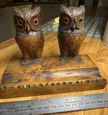 Antique Black Forest Hand Carved Double Owl Inkwell / Pen Tray / Ceramic Inserts