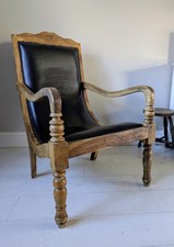 Black Leather Armchair Turned Legs Curved Arms Mango wood Delivery Available 