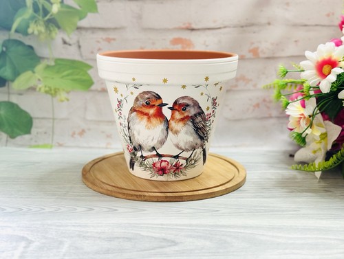 Robin flower pot - ., hand-painted