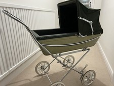 Vintage Coach-Built Silver Cross Dolls Pram Dark Olive Green, Chrome