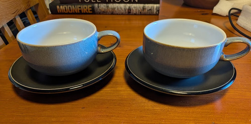 Denby blue grey cups saucers - denby, blue/grey
