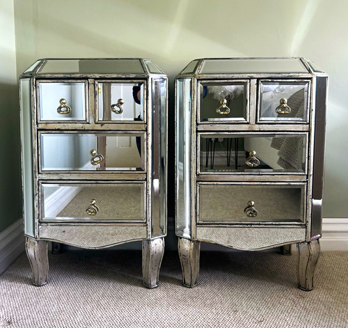 Pair mirrored glass - mirrored, 4-drawer