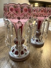 Pair Of Antique Bohemian glass mantle lusters Cranberry Glass 19th Century