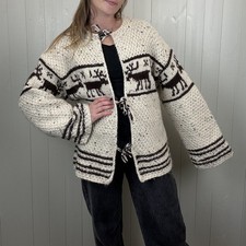 Vintage Free Size 12-20 Cream Deer Chunky Knit Cardigan