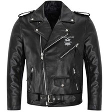 Mens Leather Jacket Marlon Brando Top Grain Motorbike CowHide Biker Motorcycle