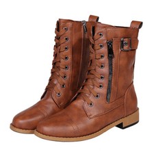 Women Mid-Calf Boots Lace Up Winter Boot Ladies Side Zipper Outdoor Casual Flat