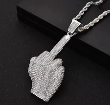 Middle Finger Pendant Necklace Chain Iced Out Jewellery Hip Hop Rap Rapper
