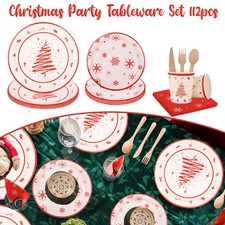 112x Christmas Party Tableware Set Disposable Plates Cups Napkins Wooden Cutlery