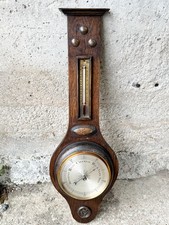 ANTIQUE OAK WOOD BANJO BAROMETER THERMOMETER WALL WEATHER STATION DISPLAY