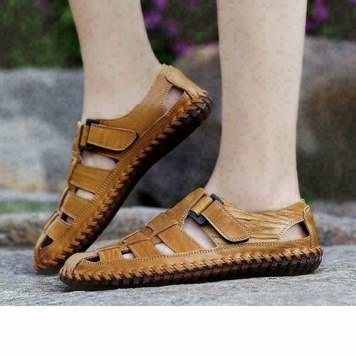 Men brown leather closed toe - leather, closed-toe