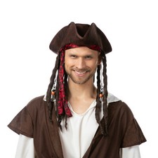Adults Caribbean Pirate Hat Captain Jack Dress Up Hair Sparrow with Hair Costume