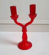 Red Glass Two Arm Candlestick Candle Holder 11" Tall