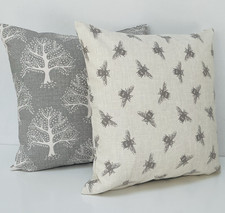 Pair of Dove Grey Bee and Oak Tree Fabric Linen Look Geometric  Cushion Covers