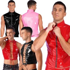 Mens Leather Stand Collar Zipper Vest Tops Jacket Latex Club Tank Top Undershirt