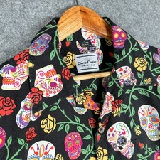 David Carey Originals Shirt Mens Medium Black Sugar Skull Cuban Collar Viscose