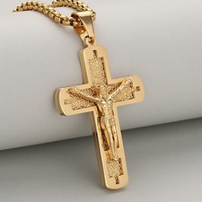 Unisex JESUS Crucifix Cross Pendant Necklace Stainless Steel Christian Necklace
