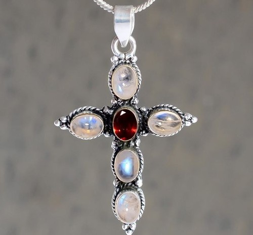 Rainbow moonstone garnet cross - rainbow,