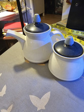 Denby Small White/ Blue Jetty Teapot- And Sugar Bowl With Lids Discontinued 2009