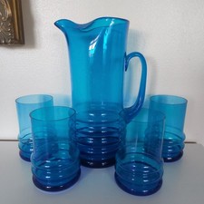1960s Retro Blue Glass Vintage  Lemonade Pitcher  Set , Jug + 4 Tumblers