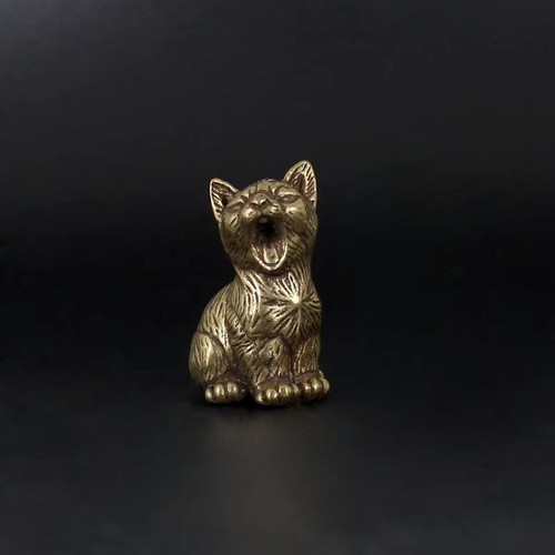 Brass cat figurine yawning - cat,