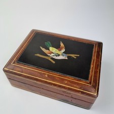 Antique Brown Leather Box With Petra Dura Inlaid Lid Of A Bird On Branch