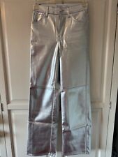 BERSHKA Metallic Silver Faux Leather Straight Leg Pants - Y2K Cyber Style! XS