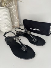 Chanel black leather thong