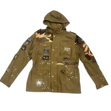 Reason Jacket Mens XL Green Camo Patch Military Hooded Field Coat Paint Splatter